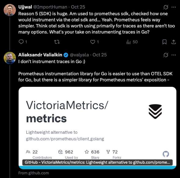 Twitter conversation on instrumentation in Go